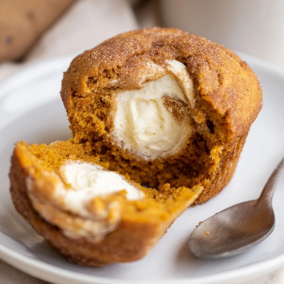 Moist pumpkin spice cream cheese muffins with warm spices, perfect for breakfast.