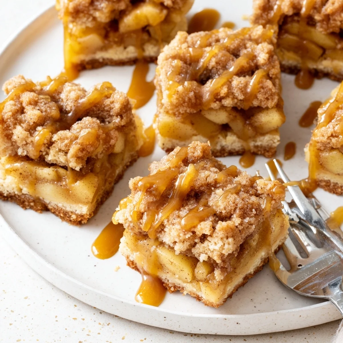 Soft, chewy gooey caramel apple bars topped with golden crumble and warm spices.  