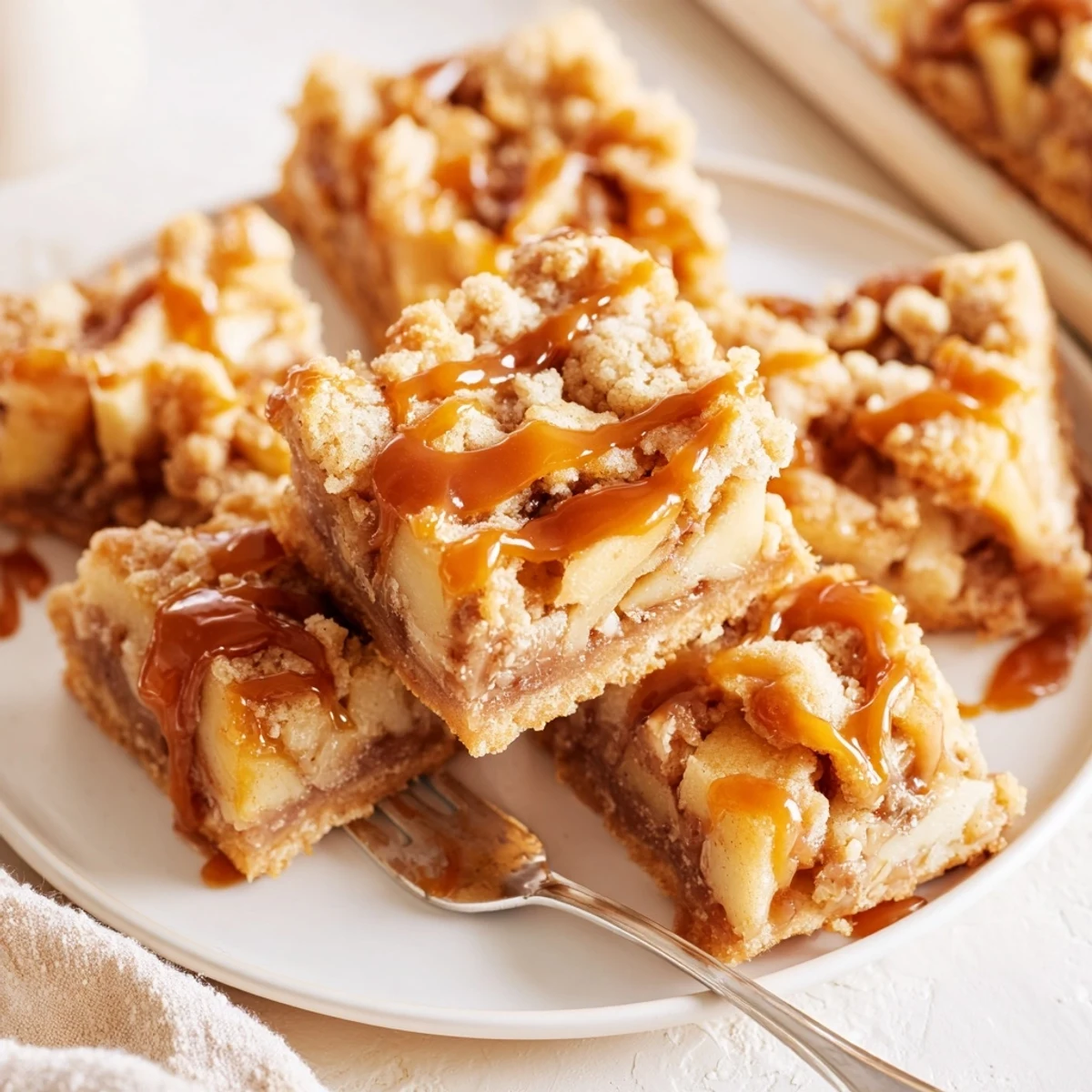 Decadent gooey caramel apple bars served fresh, drizzled with rich caramel sauce.  