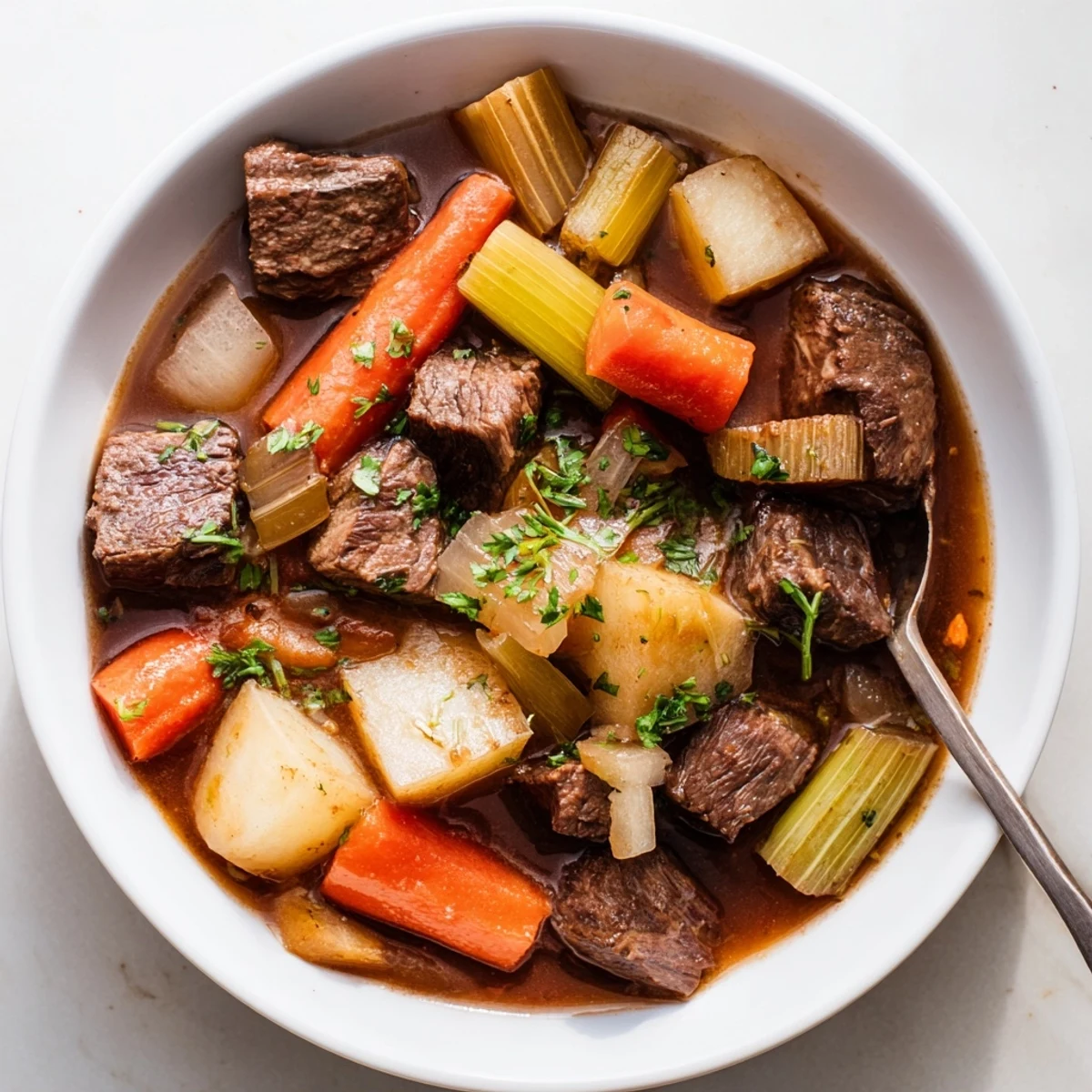 Tender beef stew featuring colorful root vegetables, perfect for cozy dinners.  
