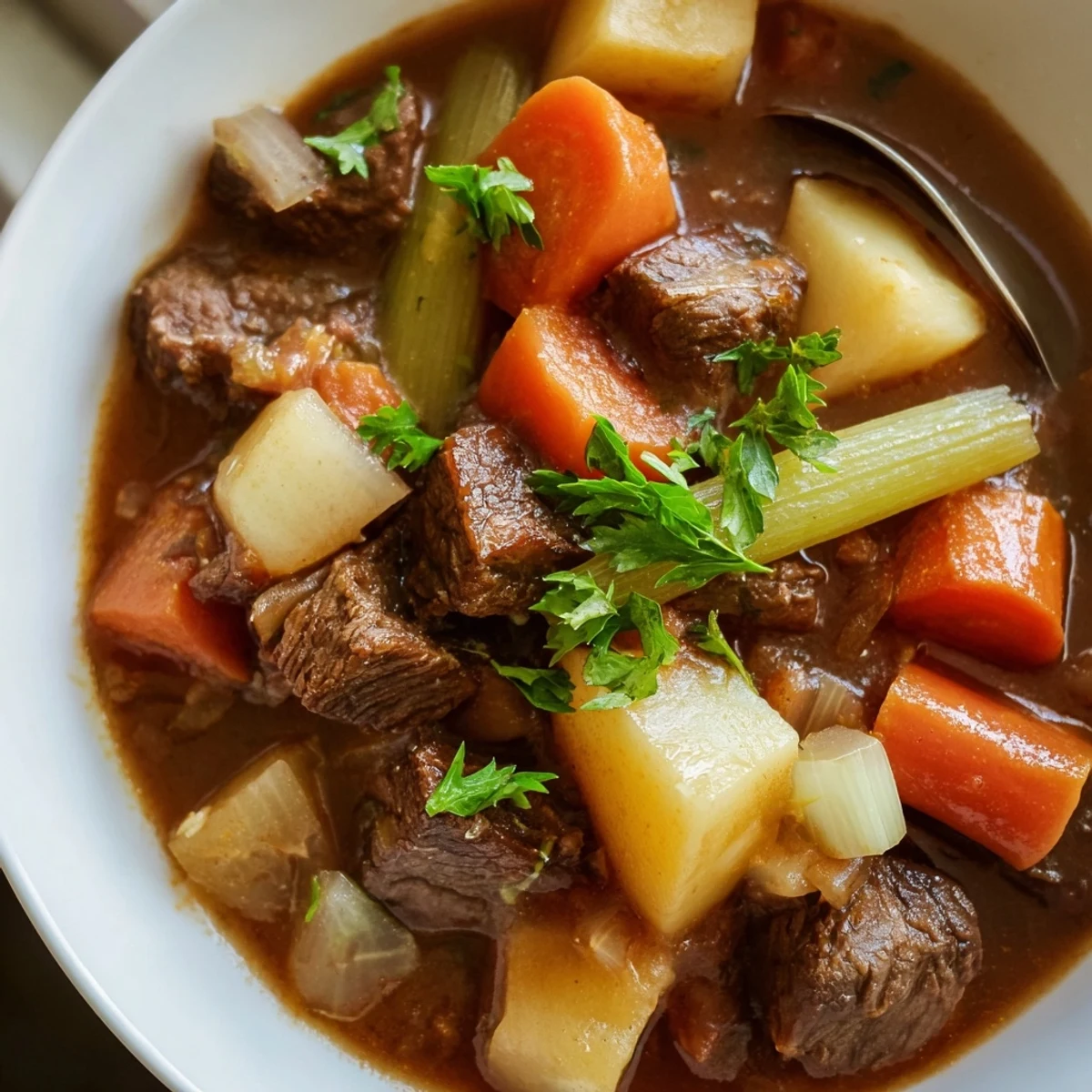 Hearty classic beef stew with root vegetables, rich flavors in aromatic broth.  