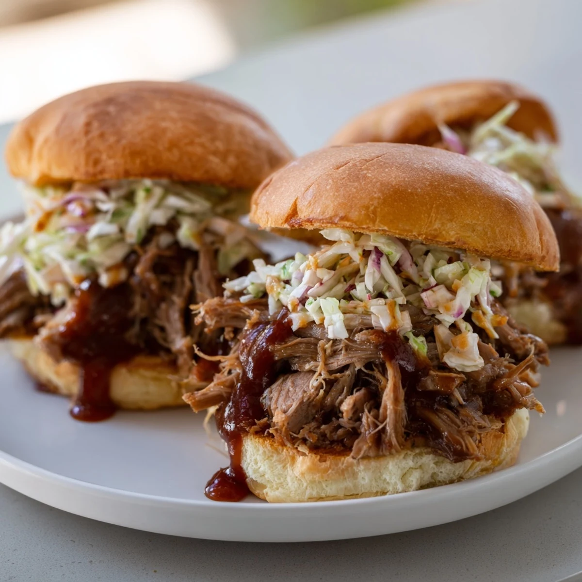 Tender apple cider pulled pork sandwiches piled with crunchy slaw on soft buns.  