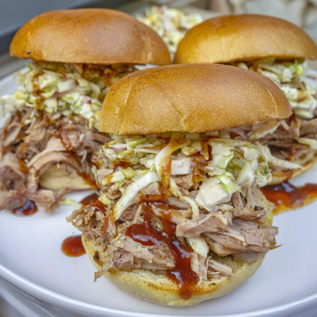Slow-cooked apple cider pulled pork on brioche buns, topped with fresh coleslaw.  