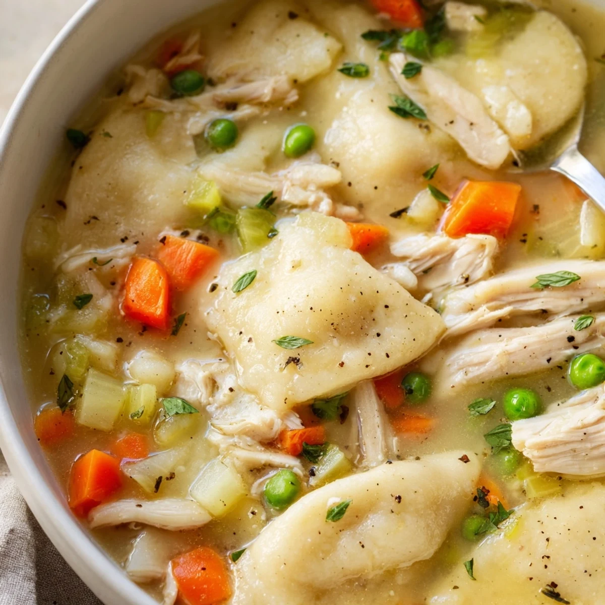 Hearty Classic Chicken and Dumplings with savory broth, garnished with fresh parsley.  