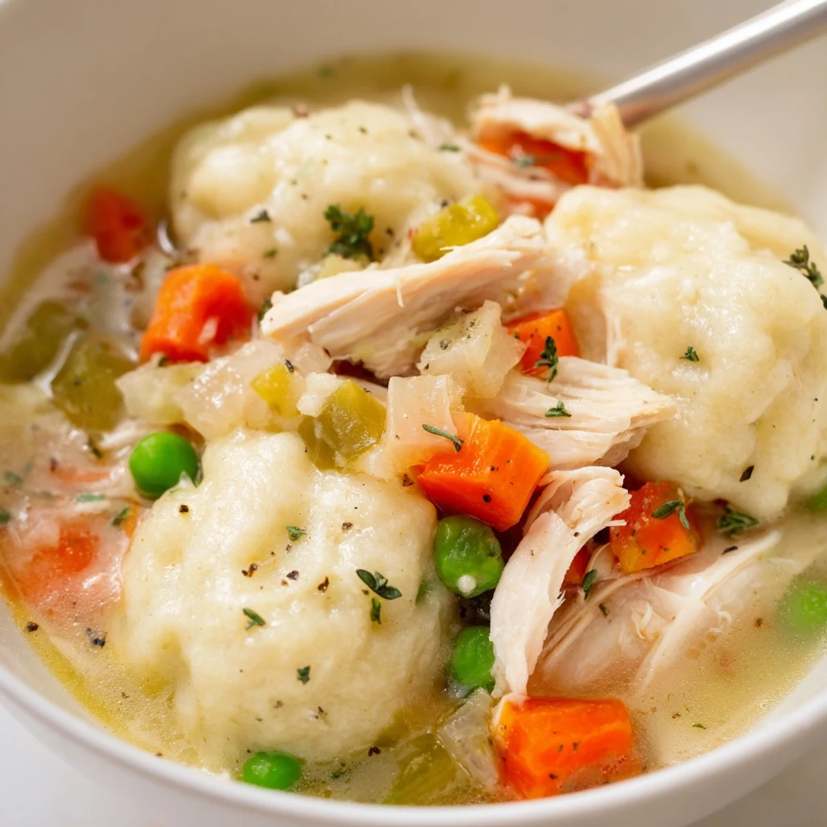 Warm Classic Chicken and Dumplings, featuring colorful vegetables and rich homemade goodness.