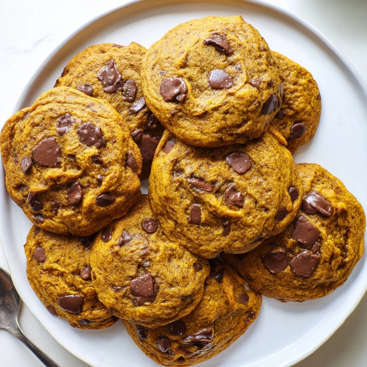 Delicious Pumpkin Chocolate Chip Cookies on a rustic plate, enhanced with spices and chocolate.