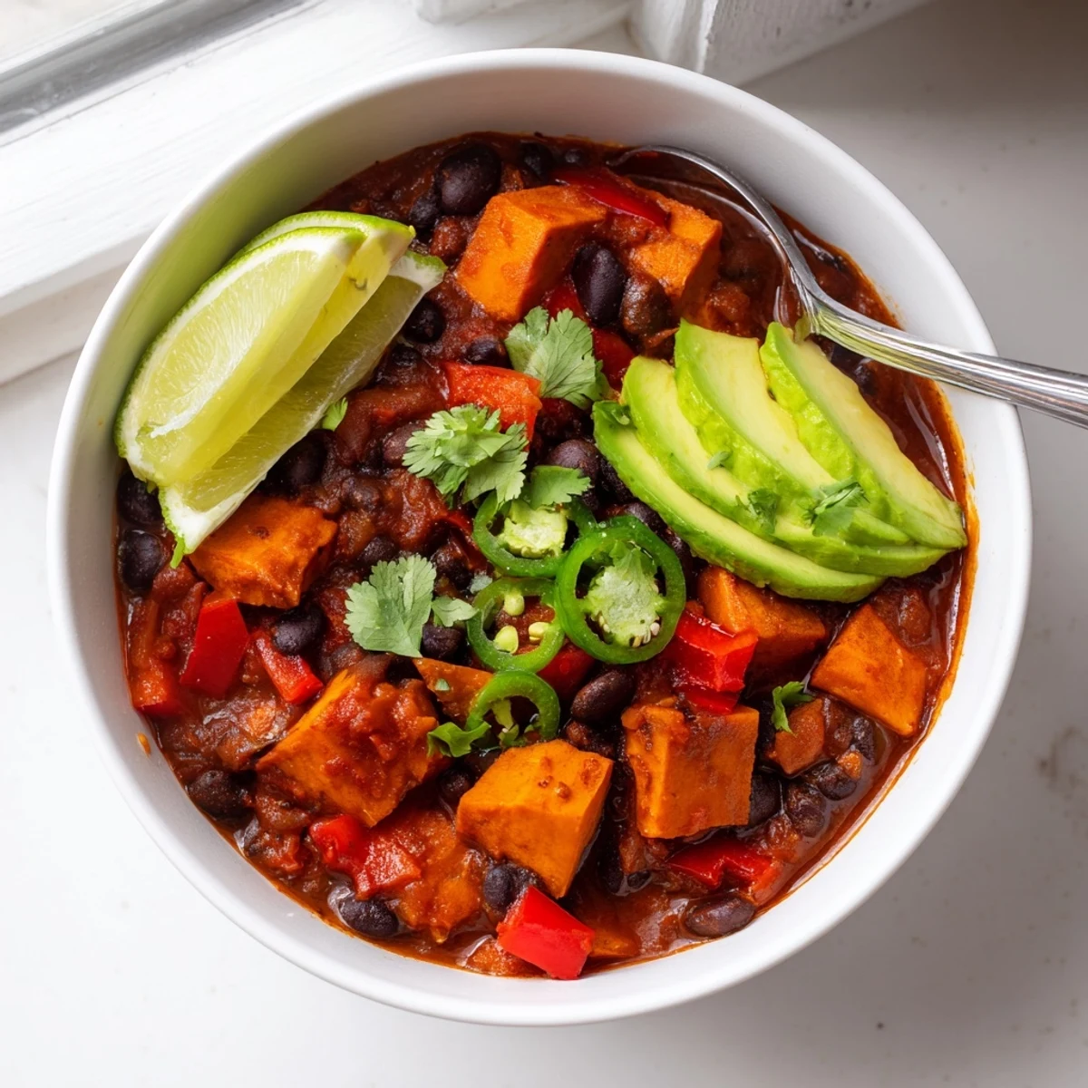 Comforting Spicy Black Bean and Sweet Potato Chili garnished with lime and cilantro.