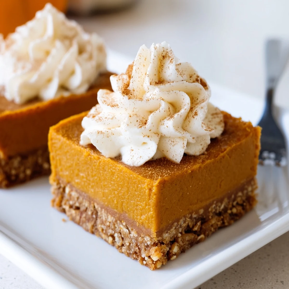 Delicious creamy pumpkin pie bars served with whipped cream and a dusting of cinnamon.  