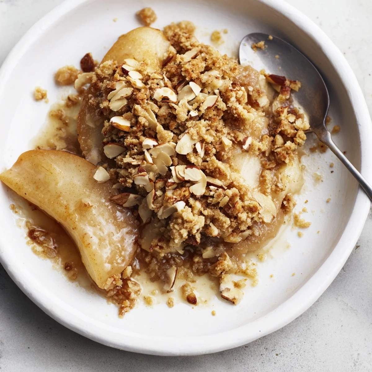 Indulge in this warm Pear and Almond Crumble, fragrant with cinnamon and buttery goodness.