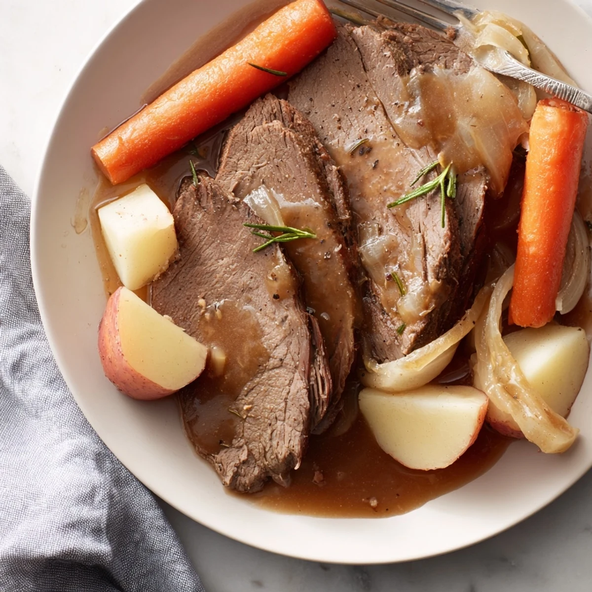 Juicy Grandma's pot roast surrounded by colorful roasted vegetables in rich gravy.  