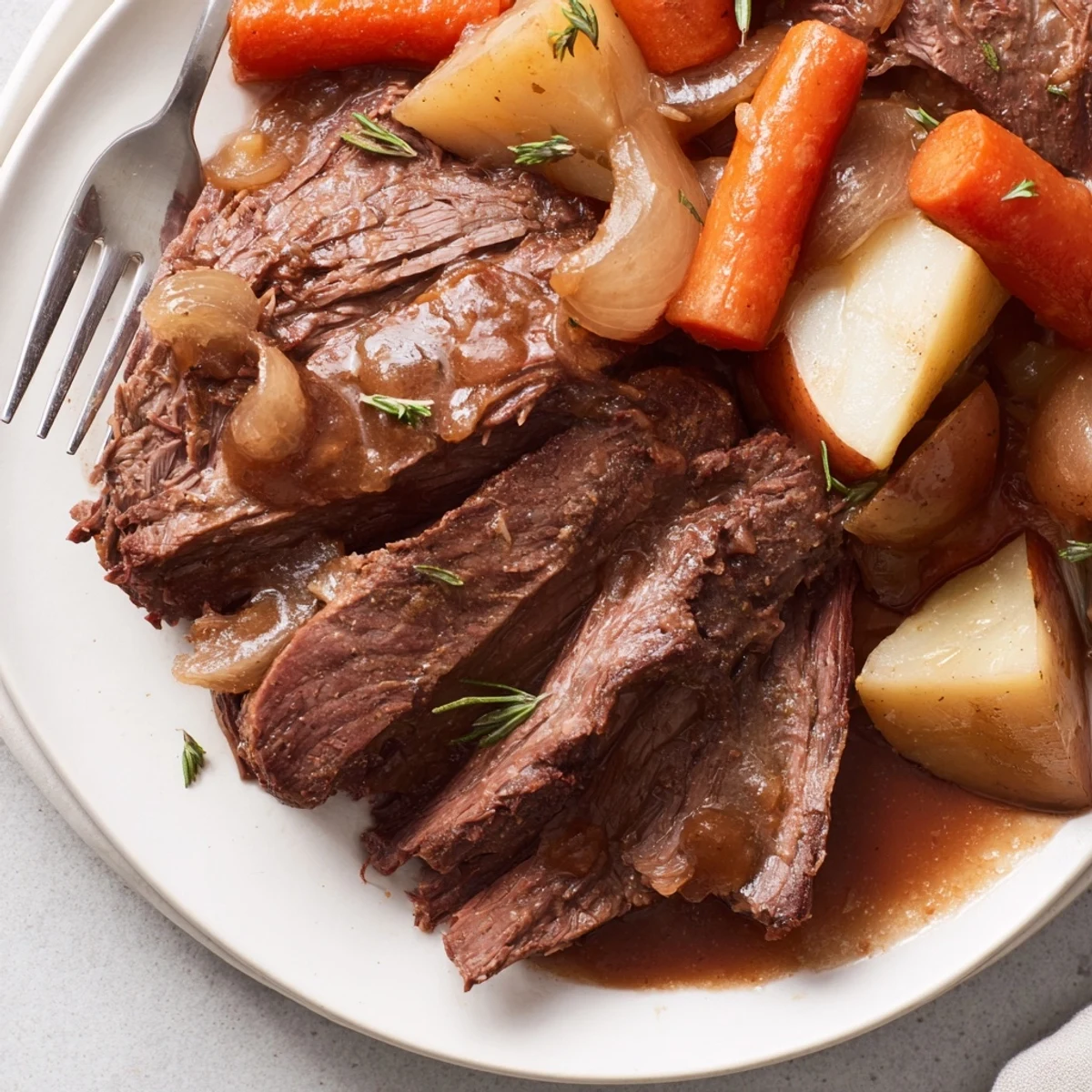 Comforting Grandma's pot roast with vibrant carrots and celery nestled in savory gravy.