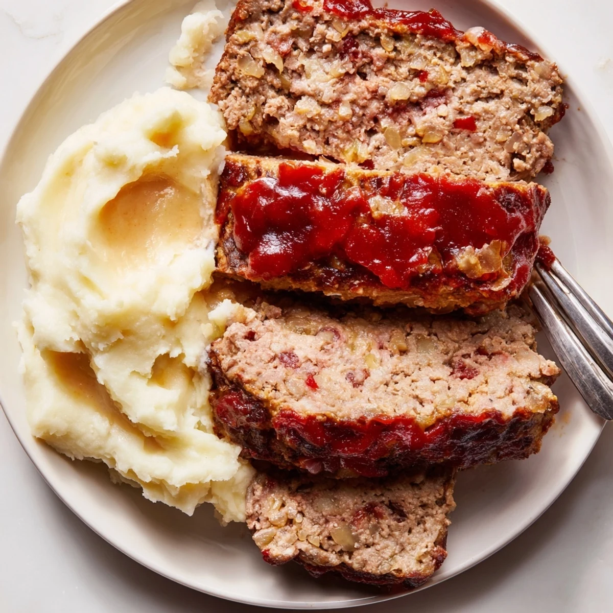 Savory meatloaf with creamy mashed potatoes, perfect for a cozy family meal.  