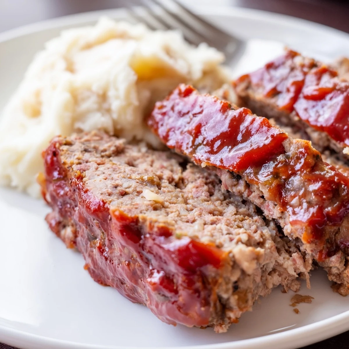 Juicy meatloaf glazed with ketchup, served alongside fluffy mashed potatoes.  