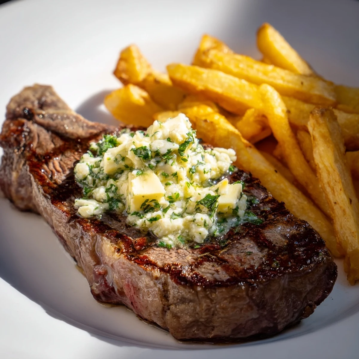 Sizzling steakhouse garlic butter steak & fries, a juicy steak with garlic butter, served beside crispy fries.
