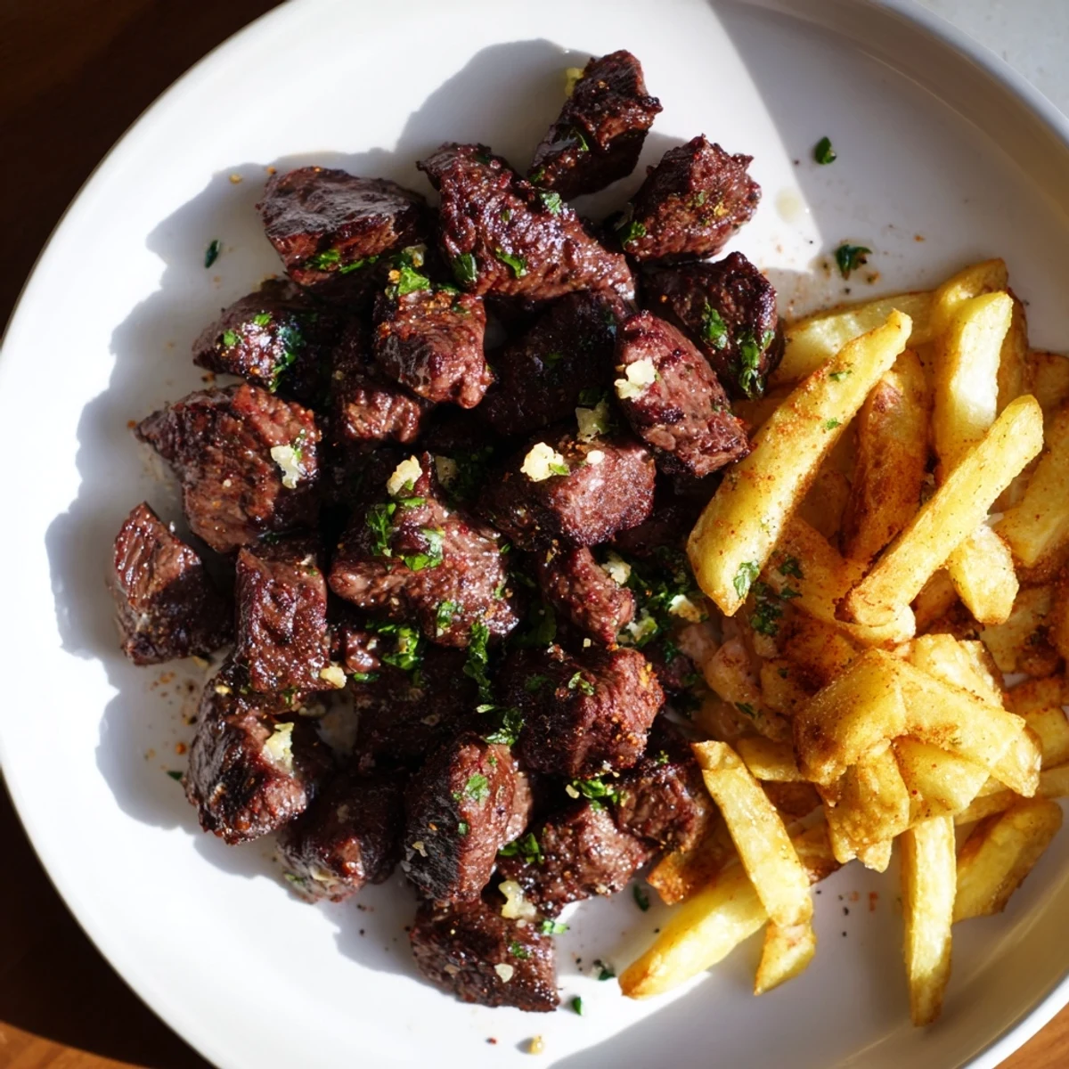 Golden, crispy fries and delicious blackened Cajun steak bites, a flavorful American meal.