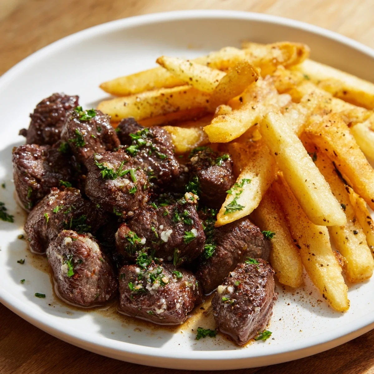 Close-up of sizzling Blackened Cajun Steak Bites with perfectly seasoned fries for a hearty dinner.