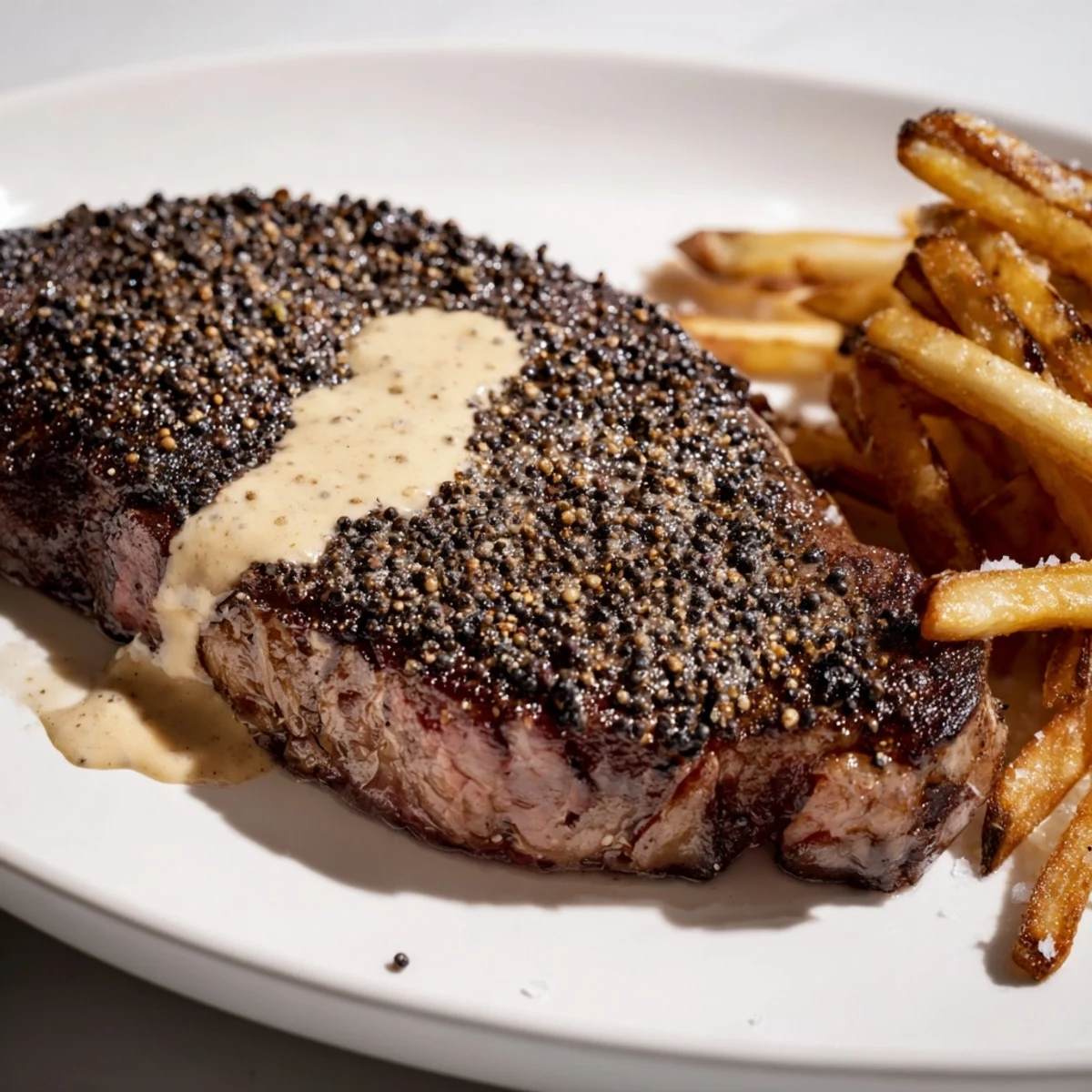 Sizzling Classic Peppercorn Ribeye, seared to perfection, paired with golden, perfectly crisp fries.