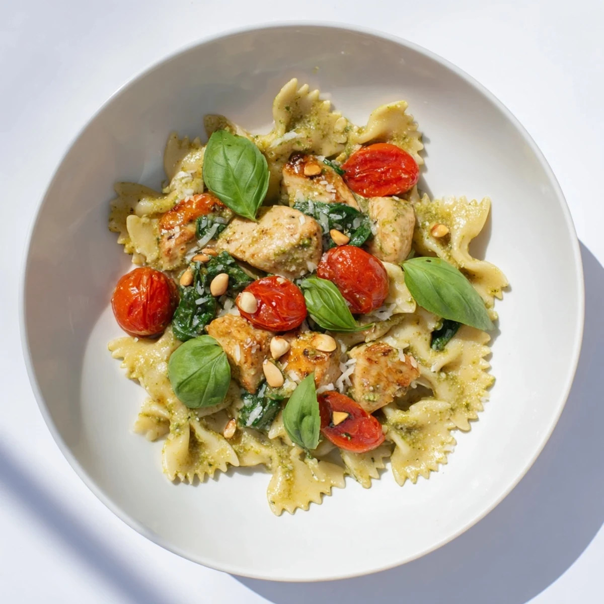 Pesto Chicken Bowtie Pasta: a creamy, vibrant dish showcasing golden chicken and lovely farfalle.