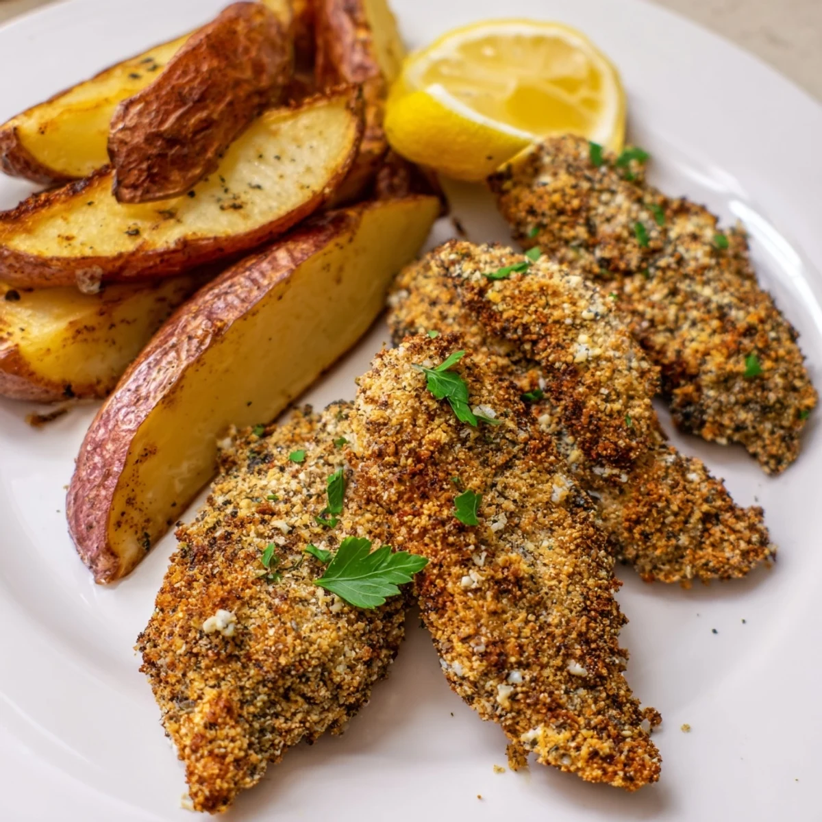 Golden-brown herbed chicken tenders and crispy potato wedges, a comforting American dinner.