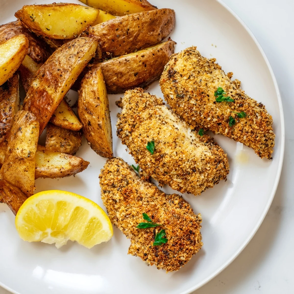 Sizzling, flavorful herbed chicken tenders enjoyed alongside rustic baked potato wedges.