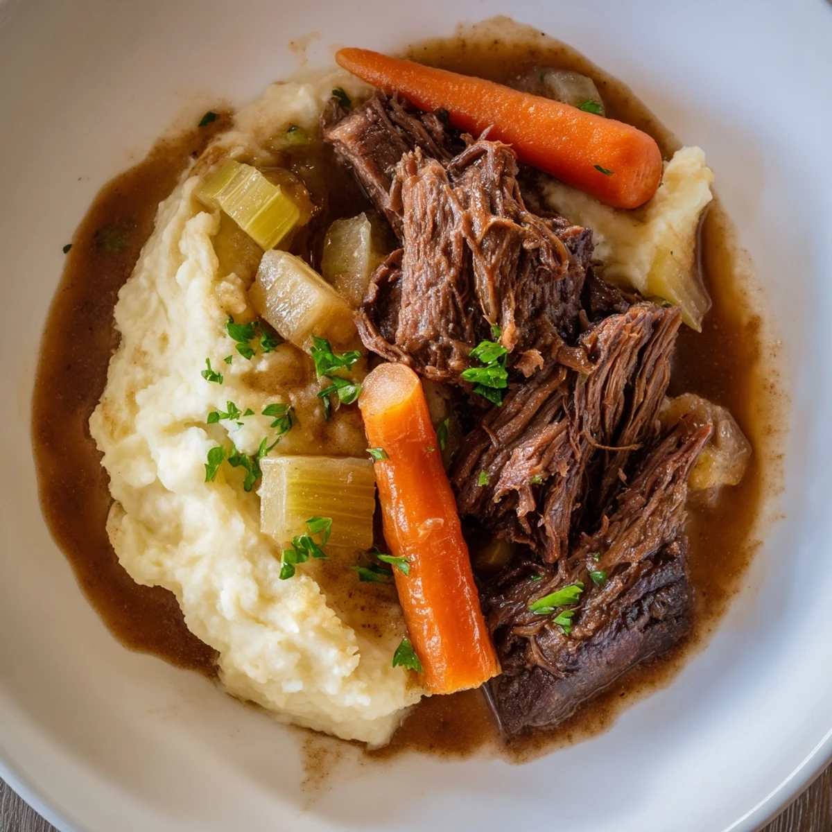 Tender Slow Cooker Pot Roast resting on a bed of fluffy mashed potatoes, ready to be served.