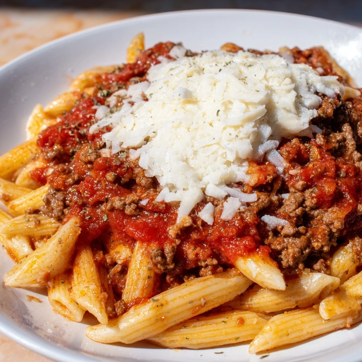 Golden, bubbly Cheesy Beef & Penne Bake with a hearty, savory ground beef and tomato sauce.