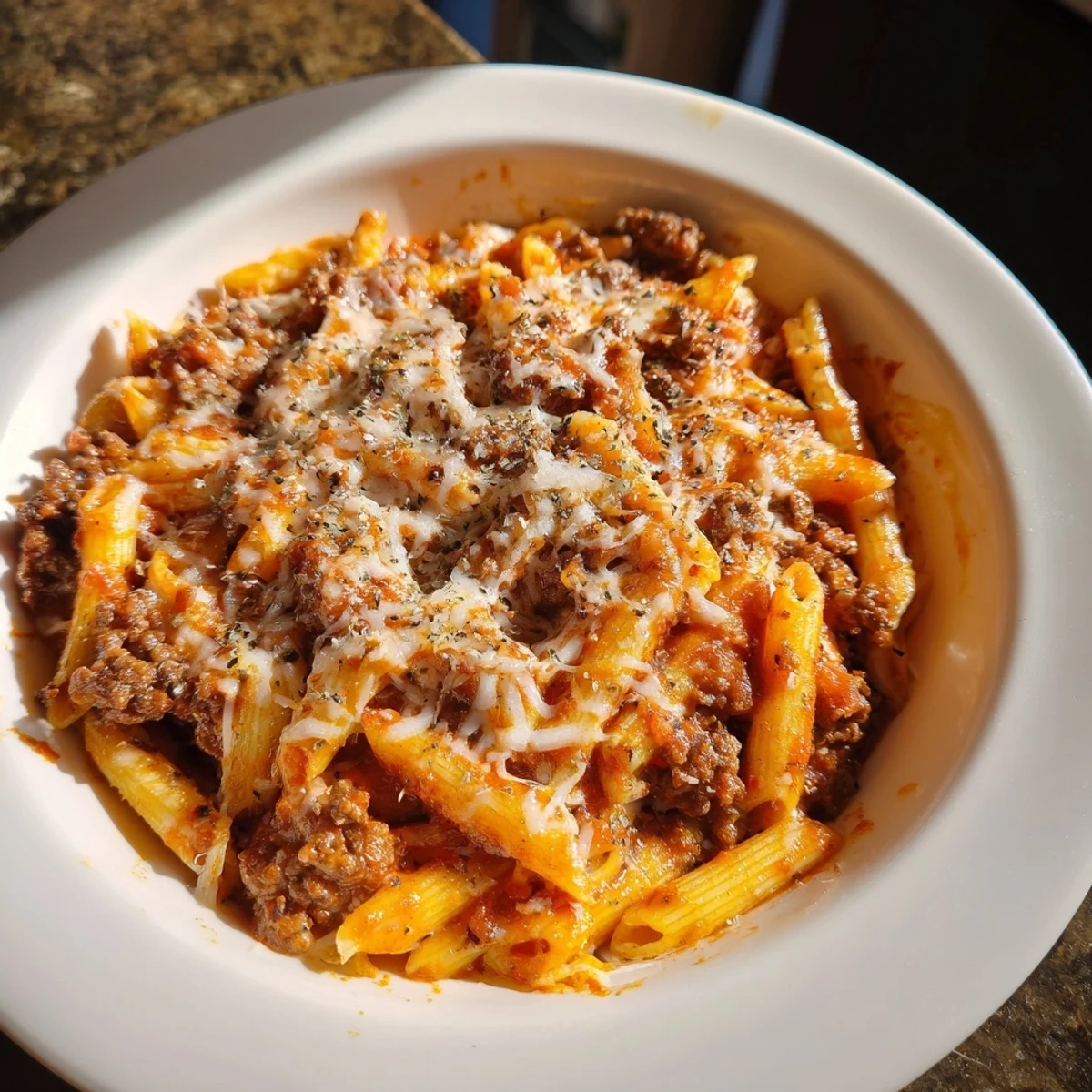 A close-up of a steaming Cheesy Beef & Penne Bake, showcasing the melted cheese and tender pasta.