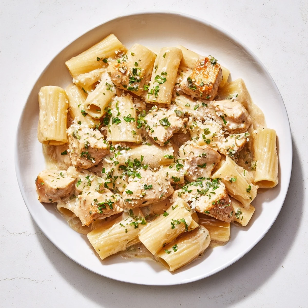 Golden-brown Creamy Garlic Parmesan Chicken Rigatoni, a comforting Italian-American pasta dish.