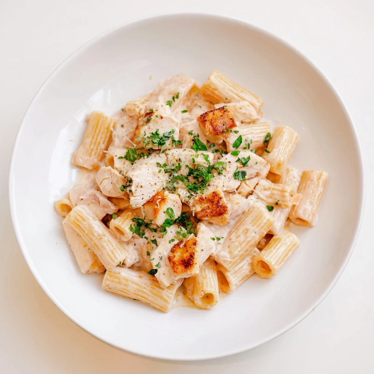 A close-up of creamy, flavorful Creamy Garlic Parmesan Chicken Rigatoni, garnished with parsley and cheese.