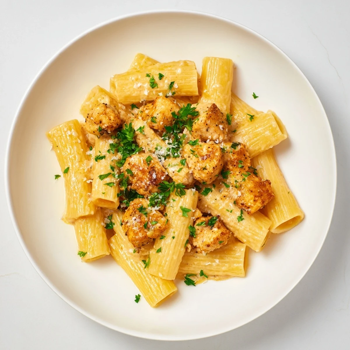 This beautiful plate displays rich, creamy Creamy Garlic Parmesan Chicken Rigatoni – perfect for dinner!