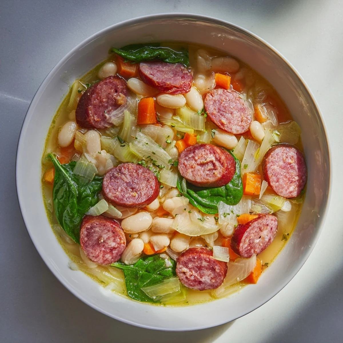 Steaming bowl of Simple Sausage and White Bean Soup with visible sausage pieces and vibrant vegetables.