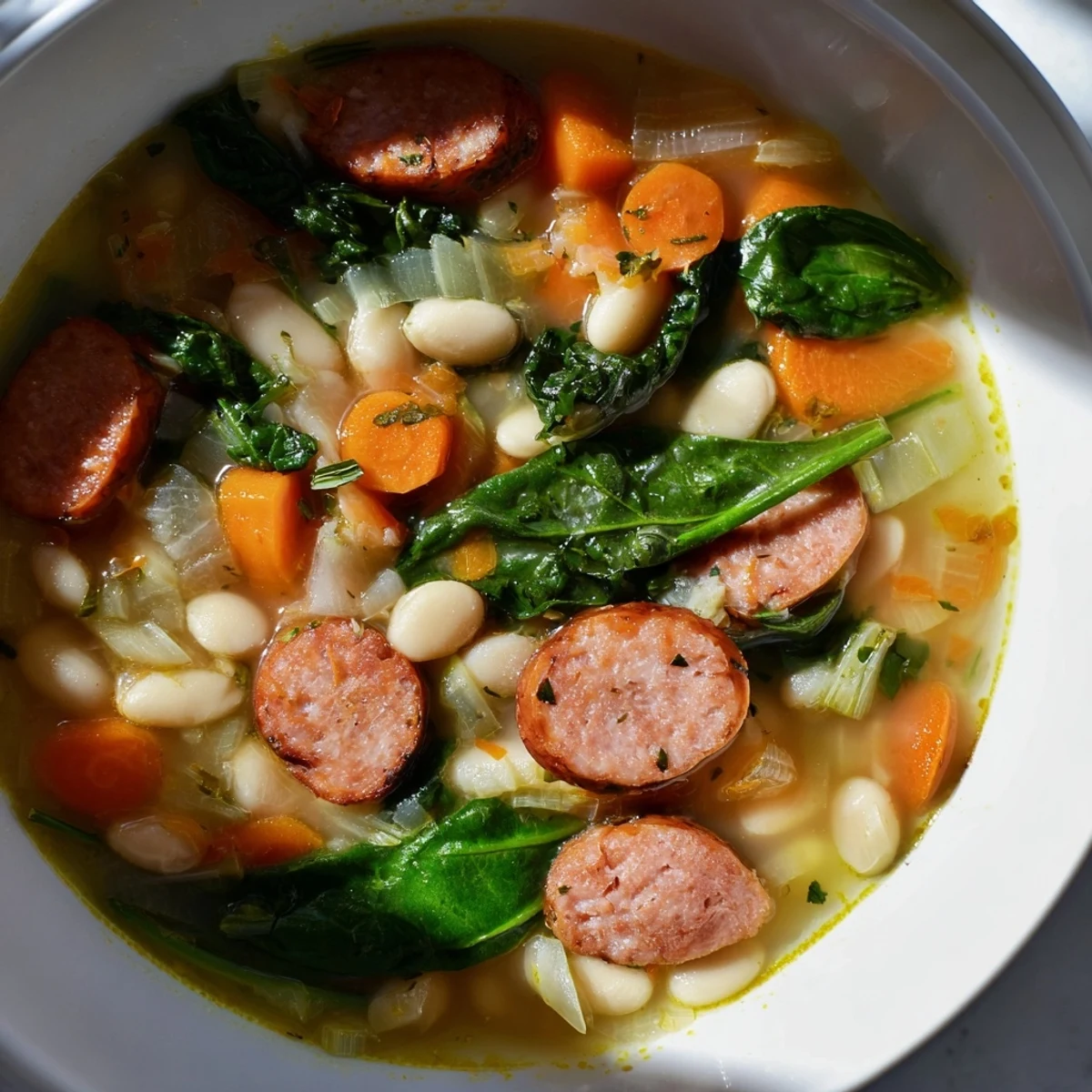 Close-up of a rustic Simple Sausage and White Bean Soup, garnished, ready to enjoy with crusty bread.
