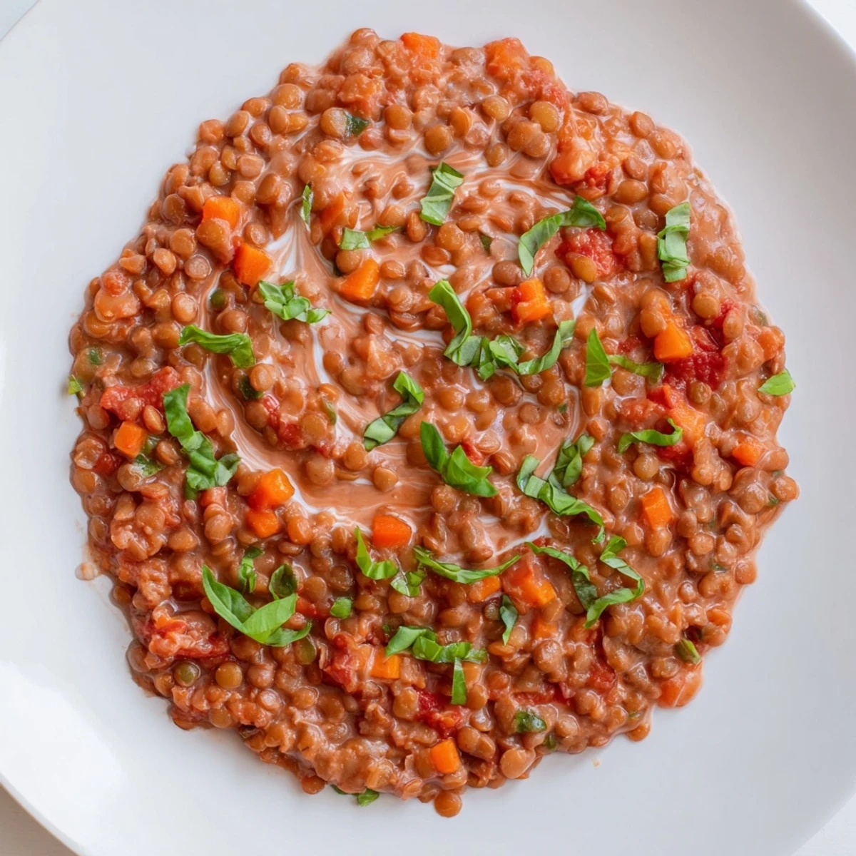 Creamy Tomato Basil Lentil Bolognese, a rich sauce with hearty lentils, is ready to be poured on pasta.