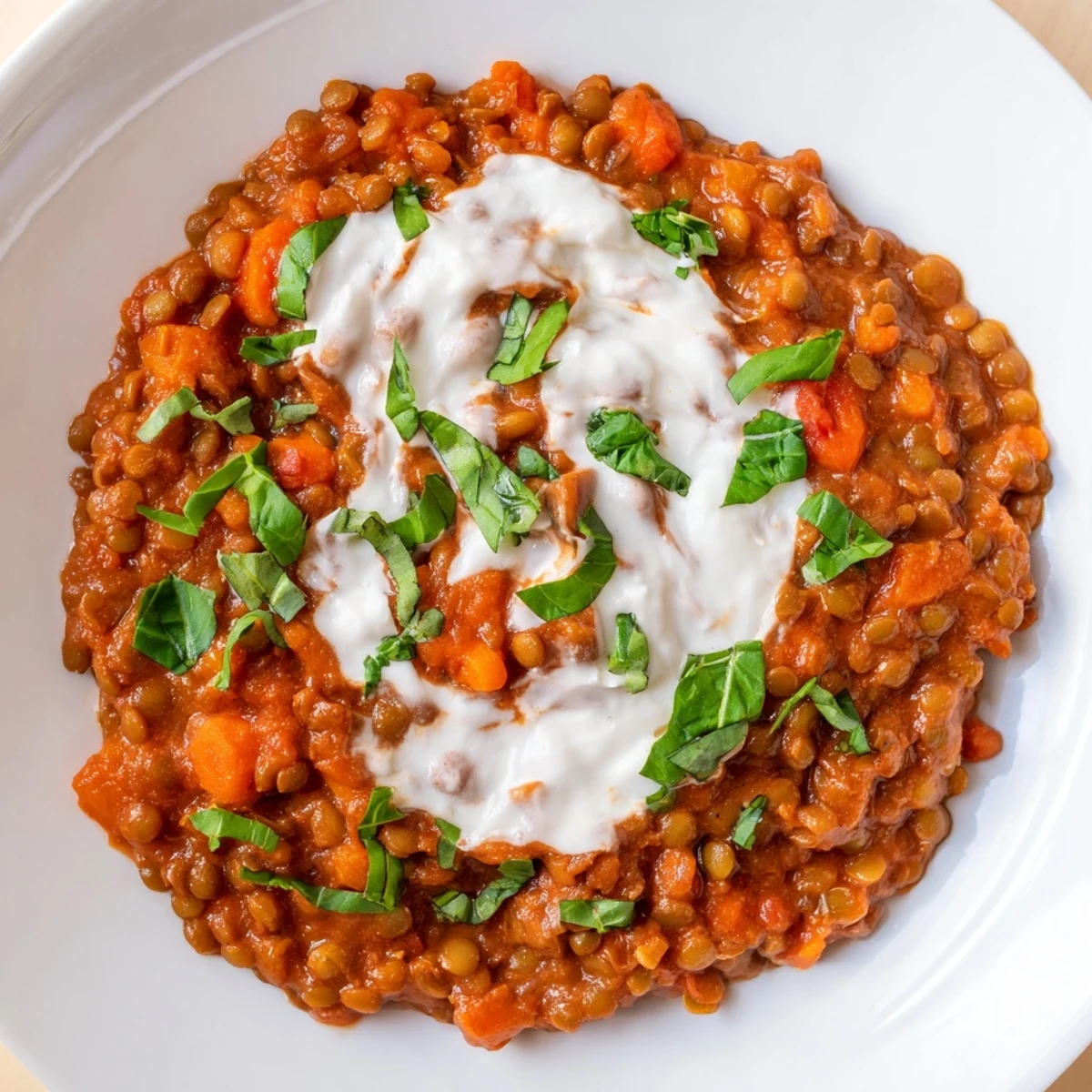 Warm, appetizing Creamy Tomato Basil Lentil Bolognese served over spaghetti, offering comforting Italian flavors.