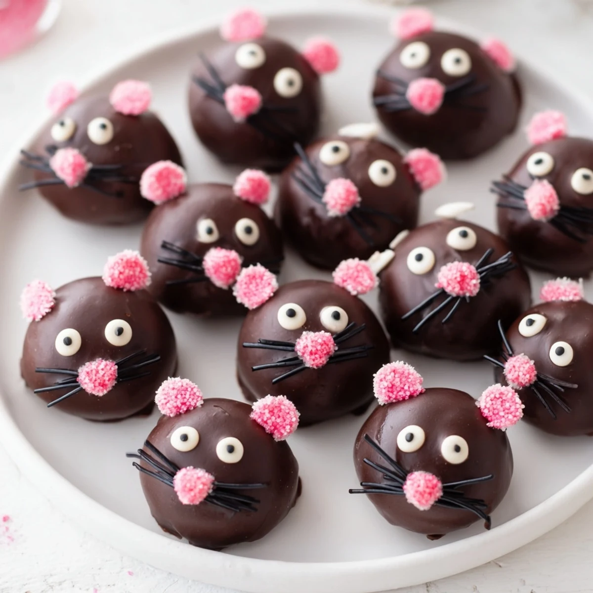 Fudgy Silly Rat Cake Brownie Bites, rich and chocolatey, playfully decorated with candy rat faces.