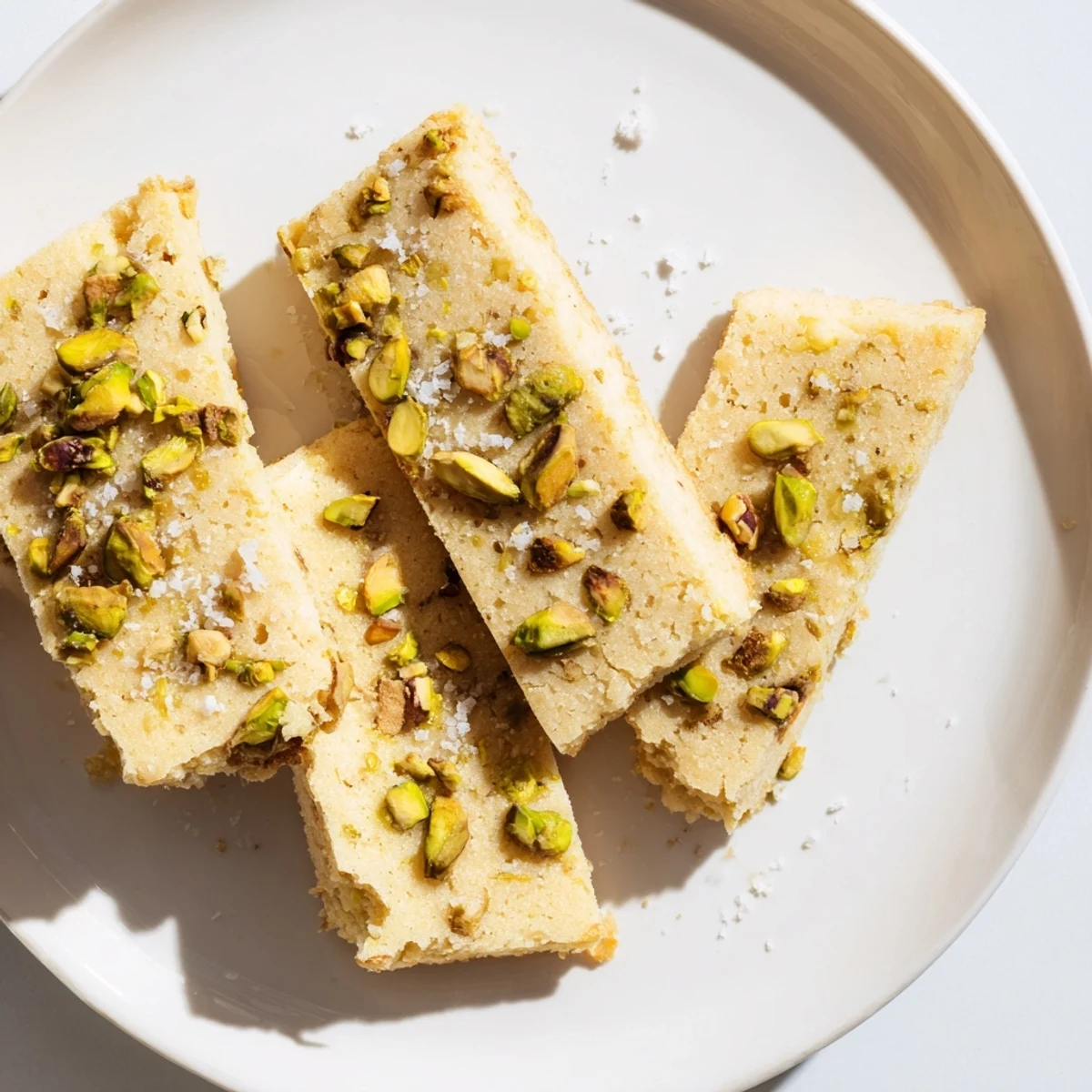 Close-up of baked Salted Pistachio Slice & Bake Shortbread showing the buttery texture and pistachio pieces.