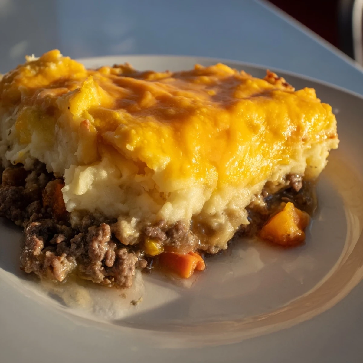 Golden-brown Budget Shepherd's Pie with bubbly filling, topped with creamy cheesy mashed potatoes, perfect for dinner.