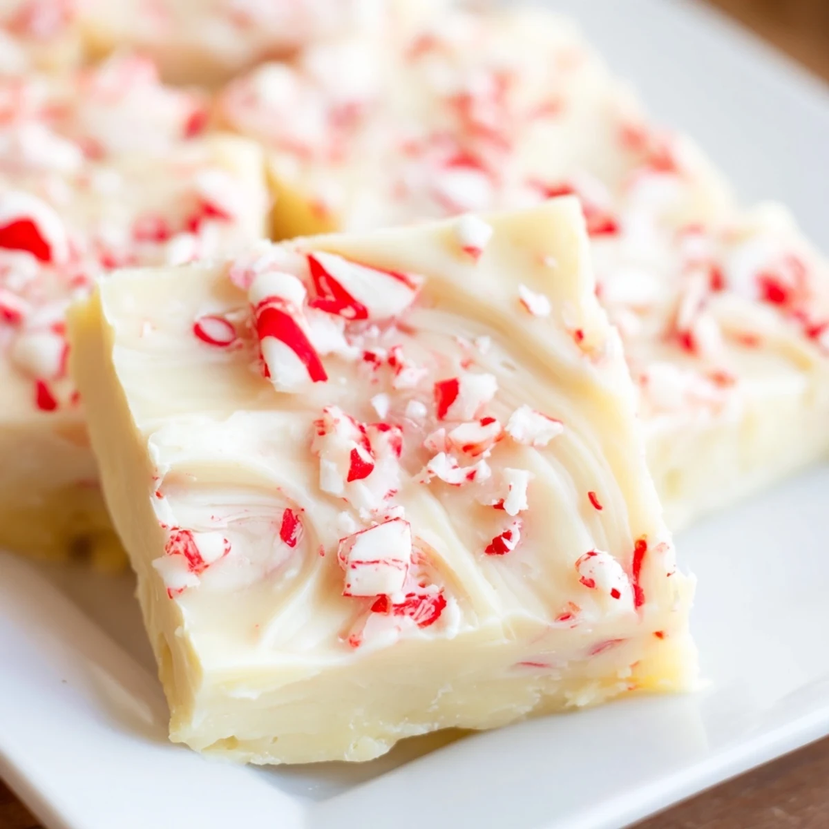 White Chocolate Peppermint Bark Fudge swirled with vibrant red and white candy cane pieces, ready to serve.
