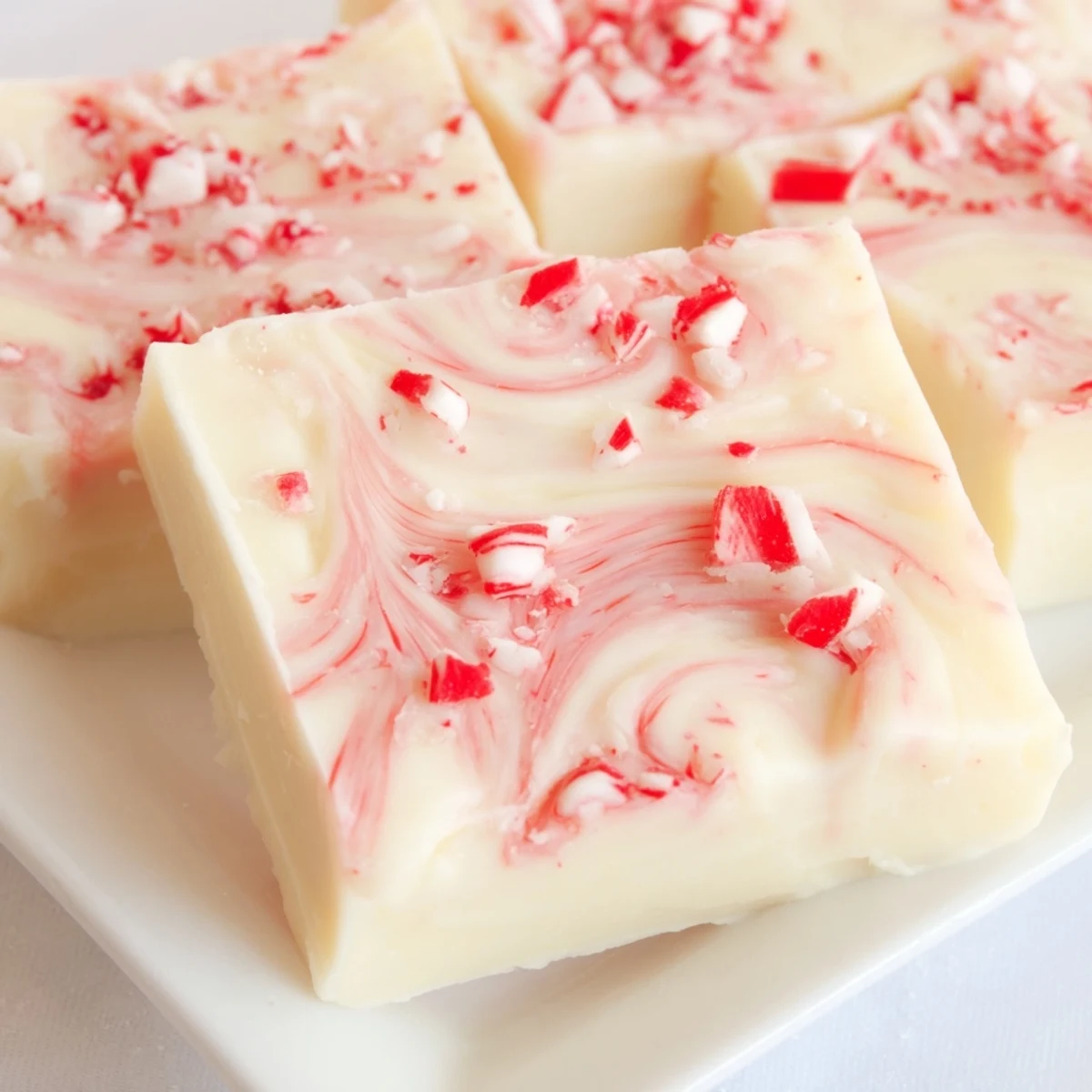 A close-up of holiday White Chocolate Peppermint Bark Fudge showing the creamy white base with crushed peppermint.
