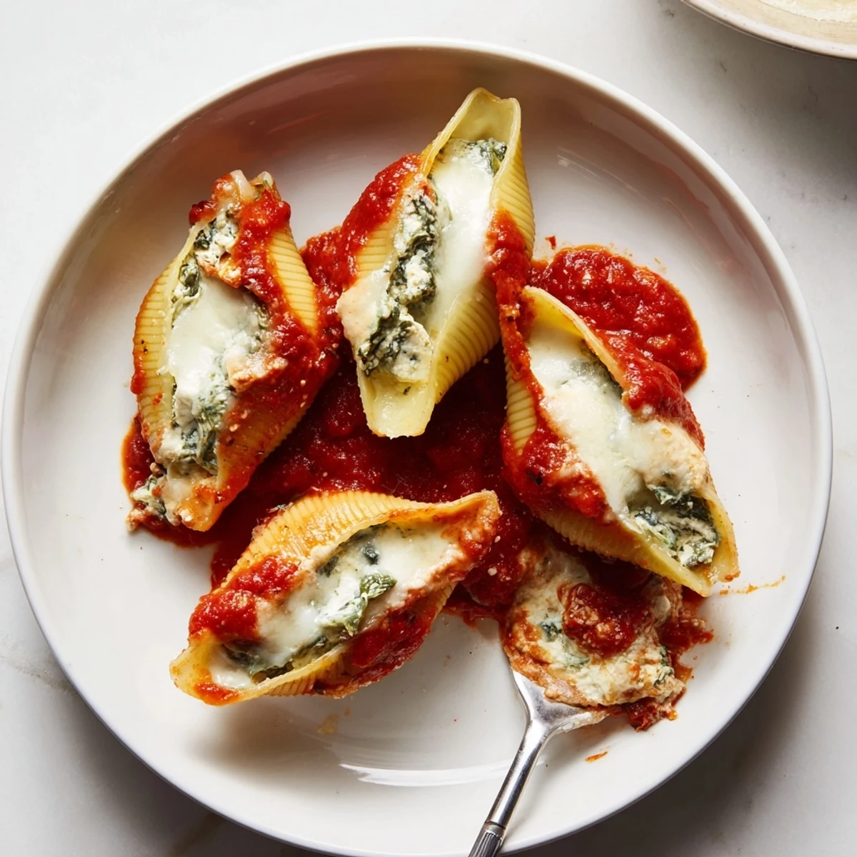 Golden, bubbly Pesto and Ricotta Stuffed Shells, a comforting Italian-American baked pasta dish.