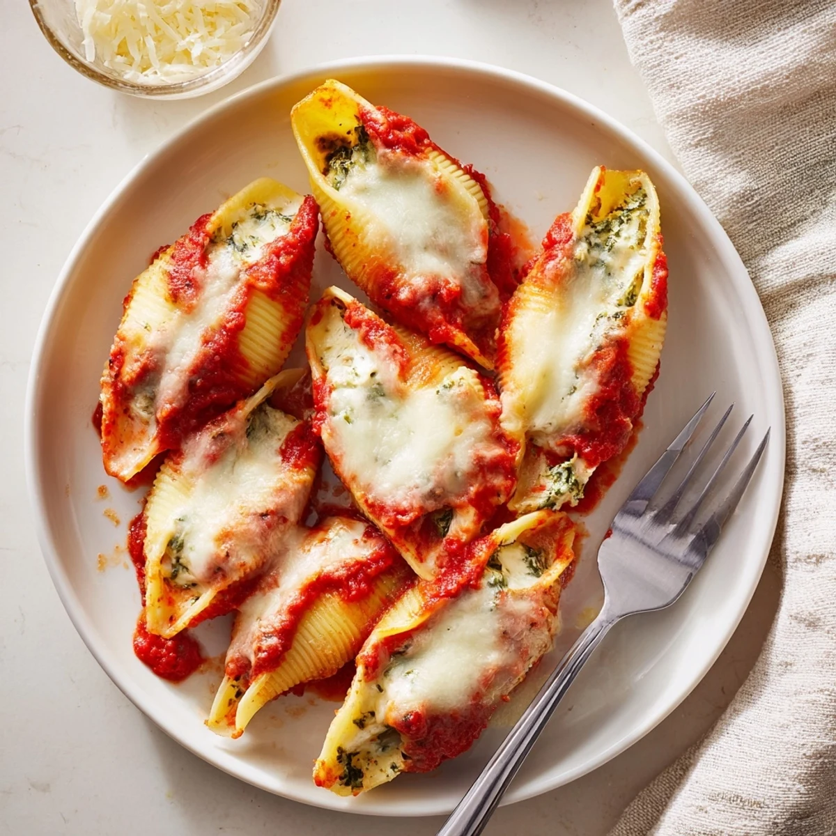 Creamy ricotta and vibrant pesto filling inside delicate shells, smothered in marinara, the ultimate Pesto Stuffed Shells.