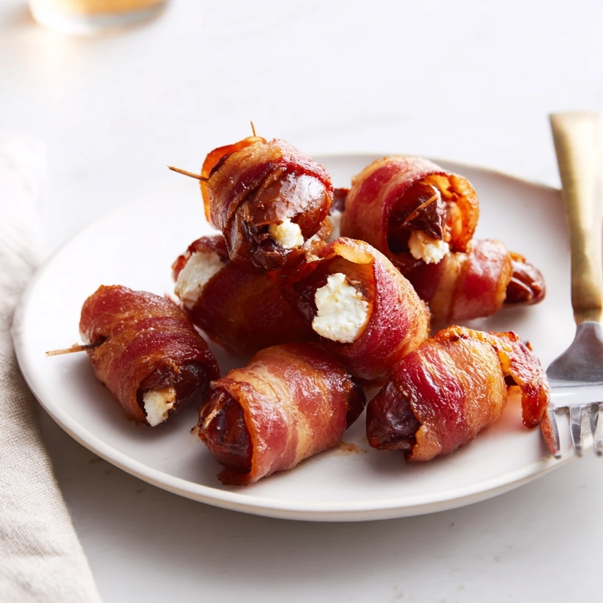 Mediterranean appetizer: Close-up of bacon-wrapped dates with melting goat cheese, ready to enjoy.
