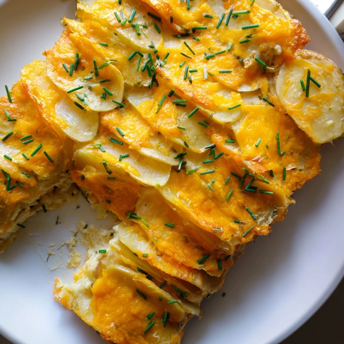 Golden, bubbly Cheesy Scalloped Potatoes fresh from the oven, offering a savory, cheesy aroma.