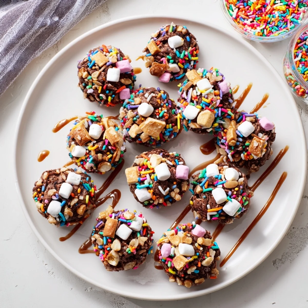 Fudgy Chaos Chocolate Cake Bites topped with colorful sprinkles for a delightful dessert.