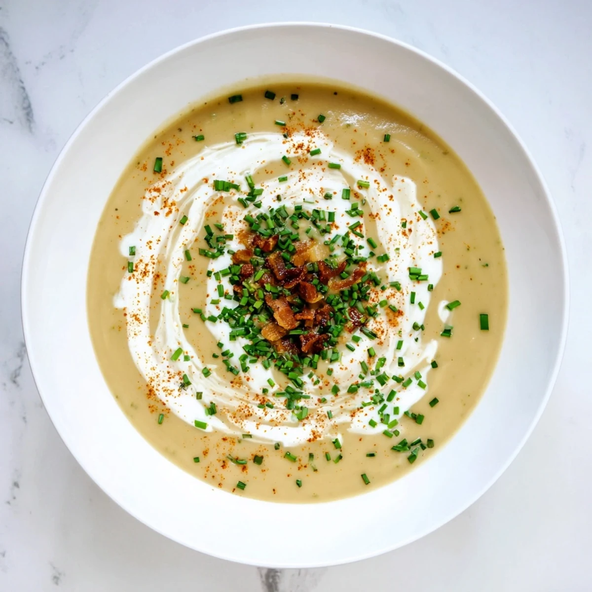 Steaming bowl of The Ultimate Baked Potato Soup, garnished with chives and bacon bits: a cozy, rich meal.