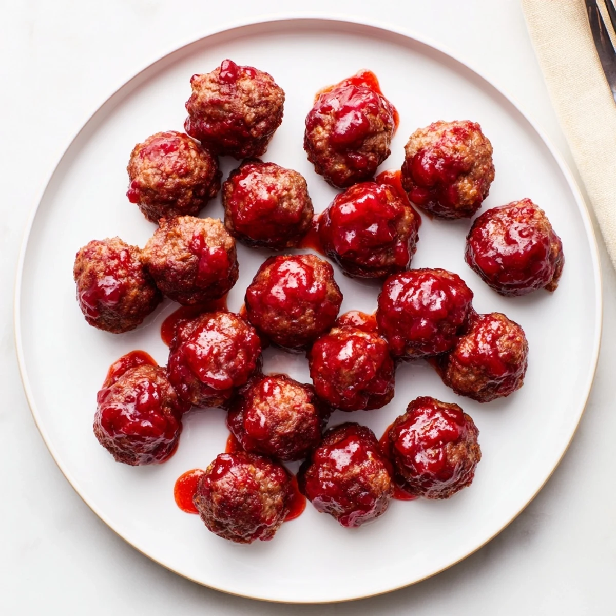 Close-up of baked Cherry-Glazed Meatballs, the sweet glaze clinging deliciously to each bite.