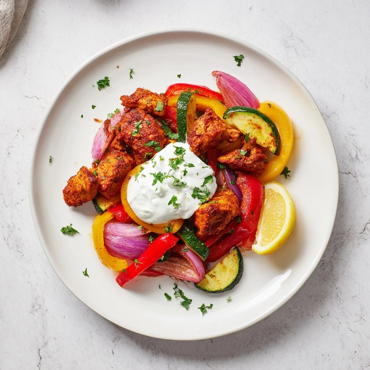 Fragrant sheet pan chicken shawarma with golden roasted chicken and colorful vegetables, ready to serve.