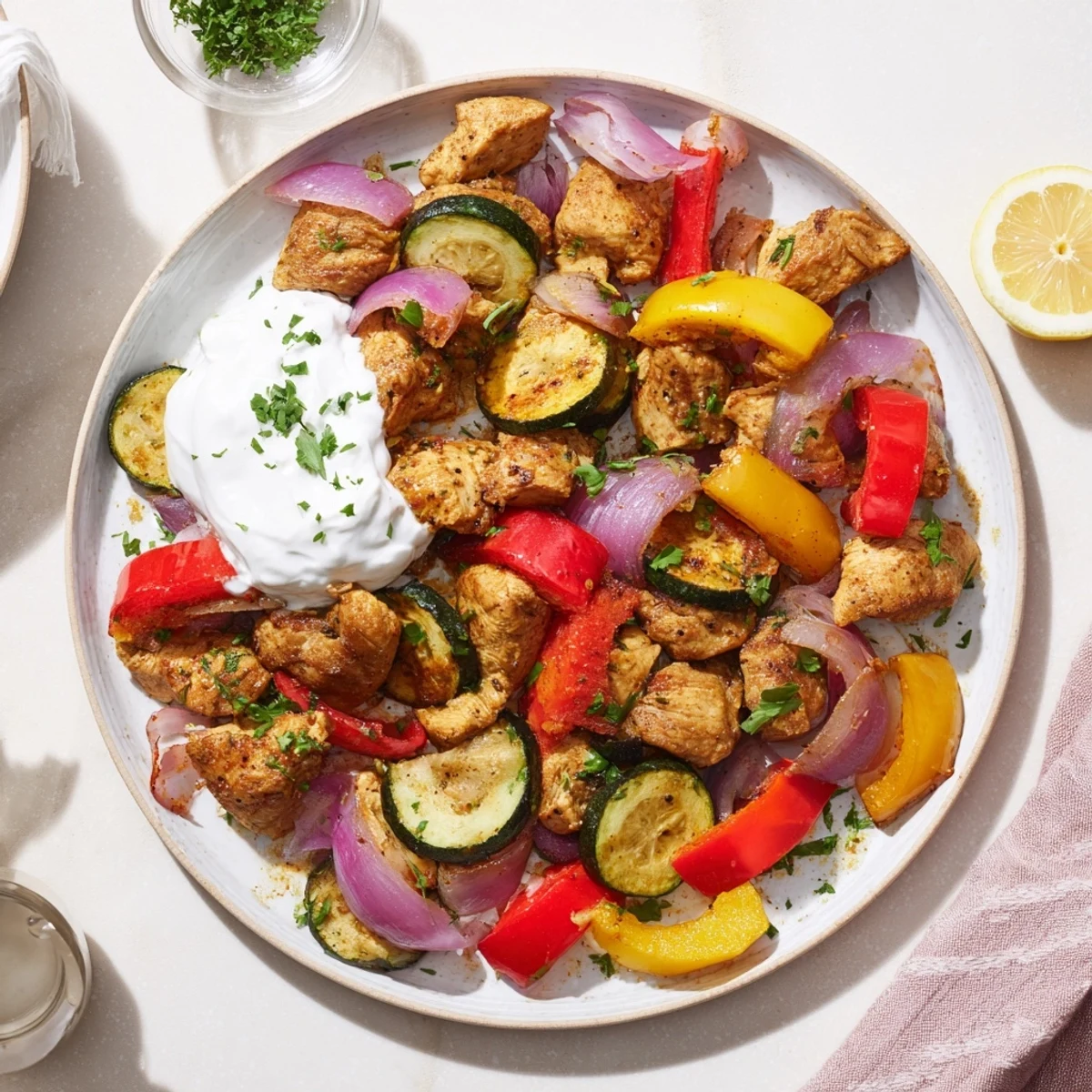 Tender chicken shawarma, perfectly seasoned and cooked on a sheet pan with bright red and yellow peppers.