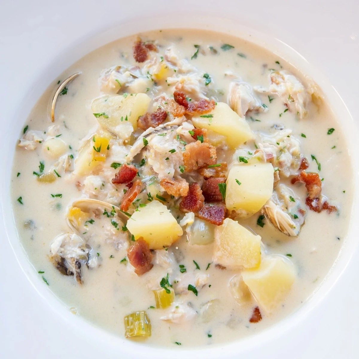 A steaming bowl of New England Clam Chowder, creamy white with visible chunks of clams.