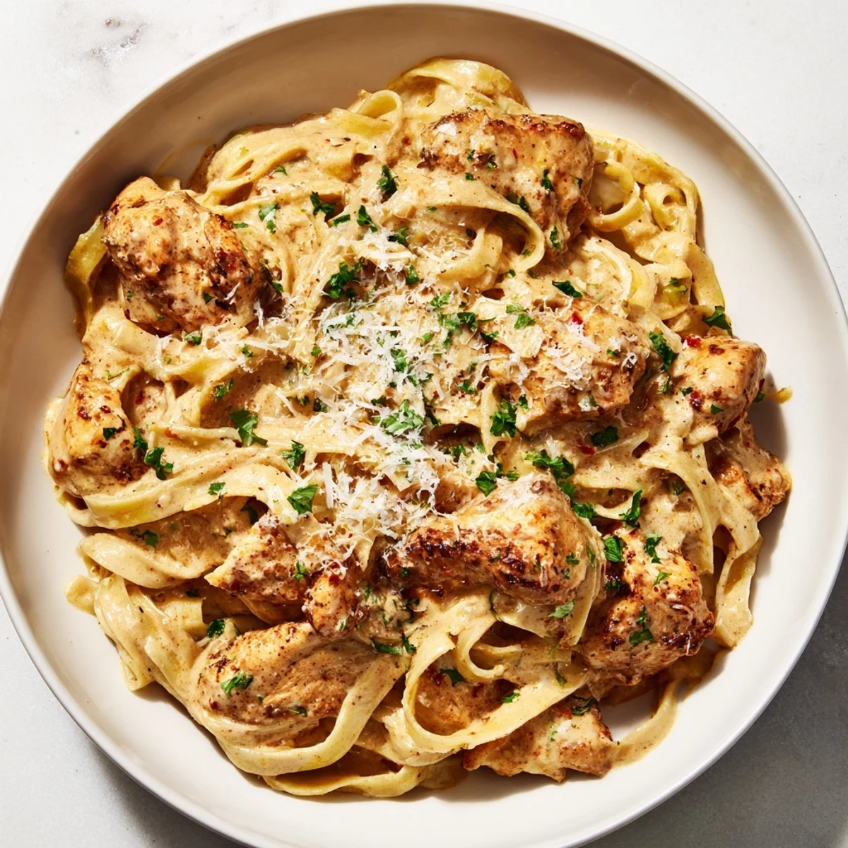 Creamy Cowboy Butter Chicken Pasta: a close-up shows tender chicken in a rich, buttery, spiced sauce clinging to pasta.